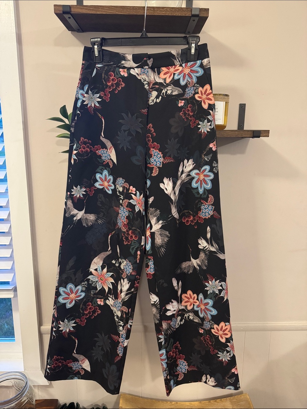 H&M Black Floral Wide-Leg Pants with Crane Motif